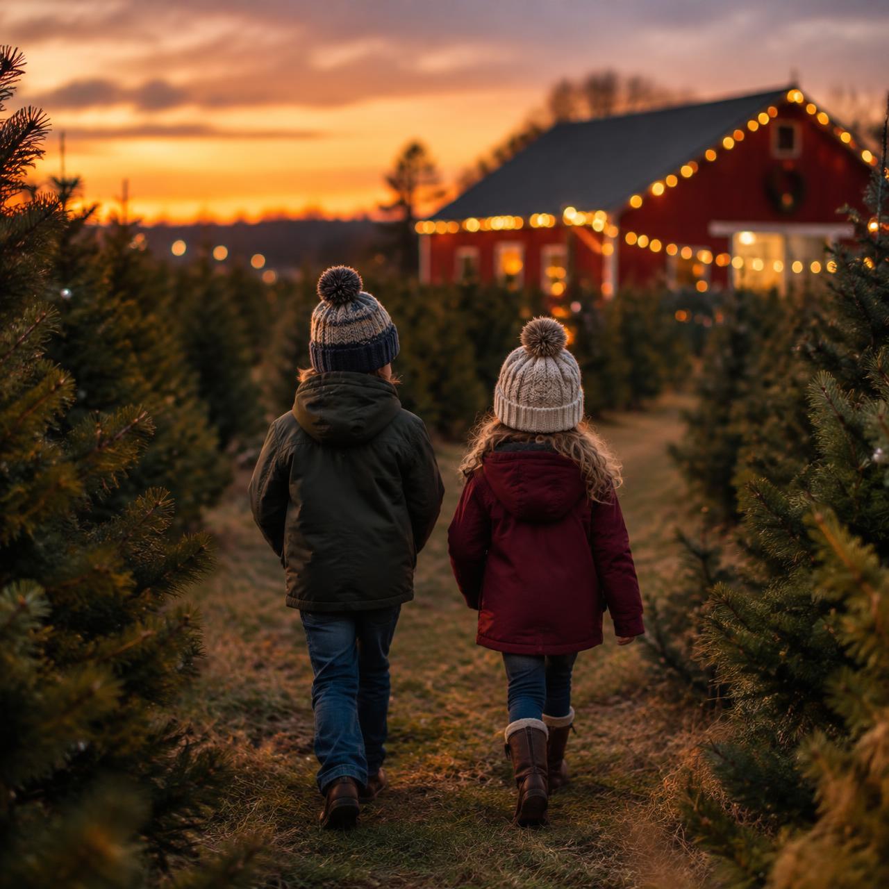 Kids walking through a Christmas tree farm